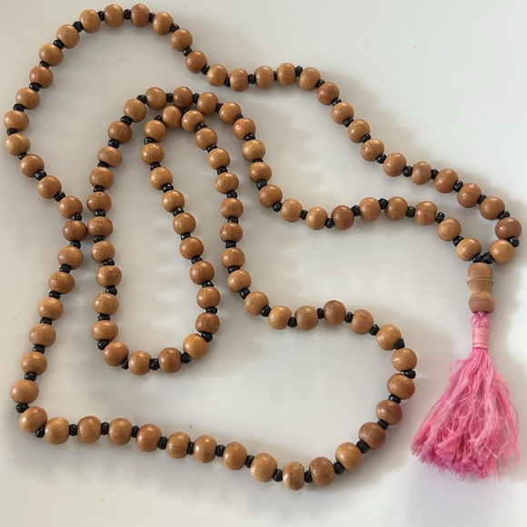 Pink & Brown Beaded Tassel Pendant Long Necklace - Picture 3 of 3